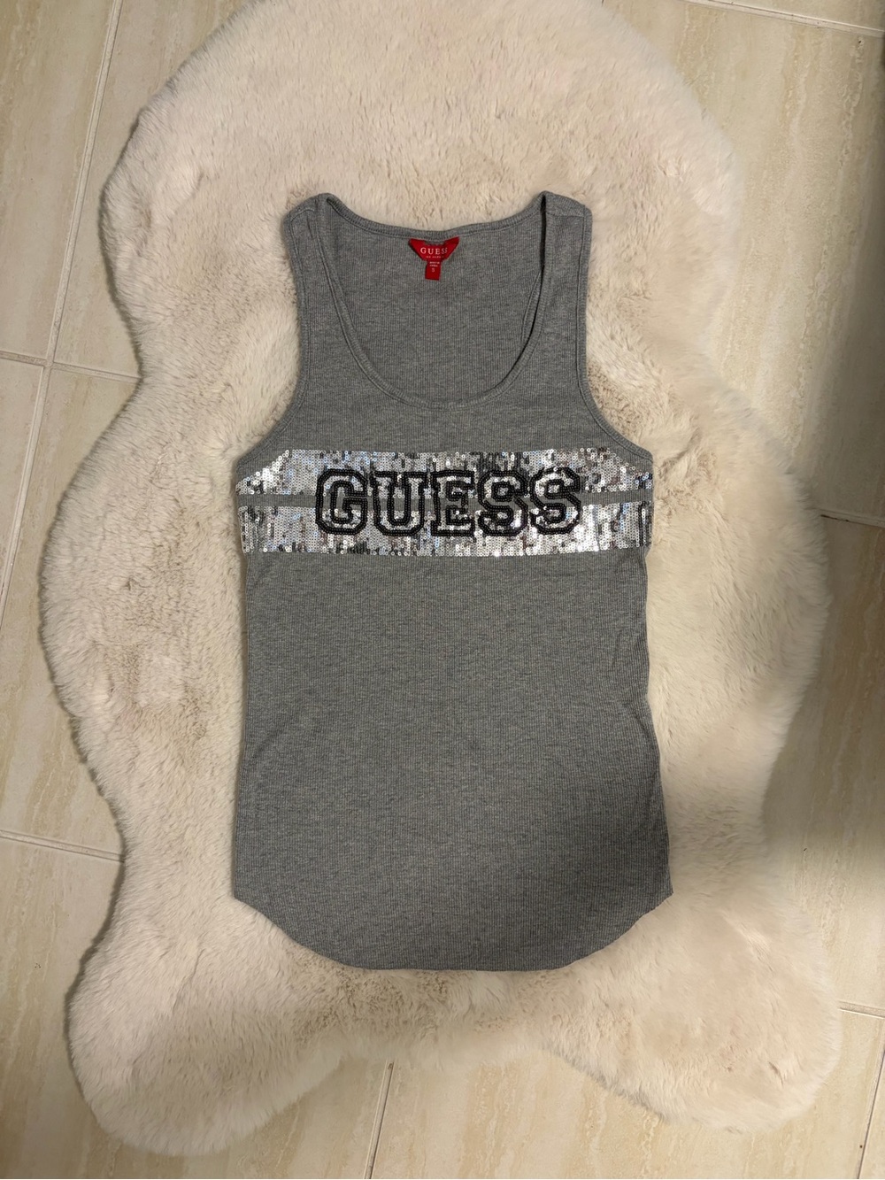 GUESS Gray Tank with Silver Sequin Logo Band - S